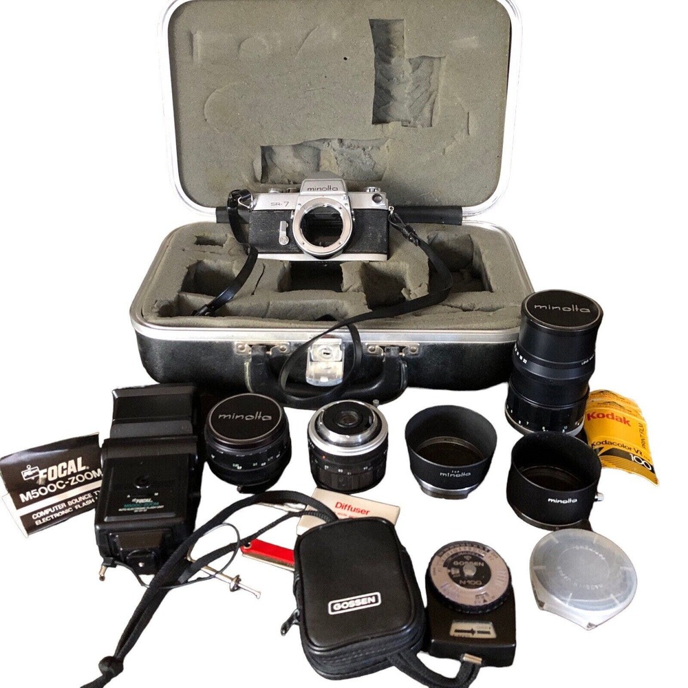 Bundle Case With Minolta SR-7 With Multi Lenses Lens Focal Zoom‎ Gossen - As Is